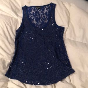 Blue sequin and floral mesh tank top